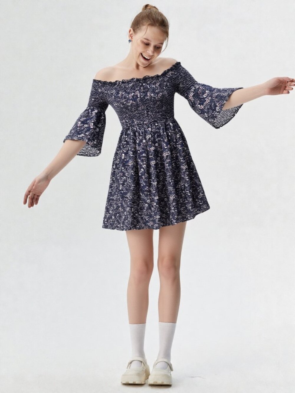 NWT Arizona off the shoulder smocked boho flowers dress S